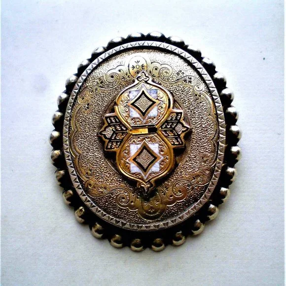 HUGE Antique Victorian 18K Gold Sterling Silver Cloisonne Enamel Brooch Pin 11 g